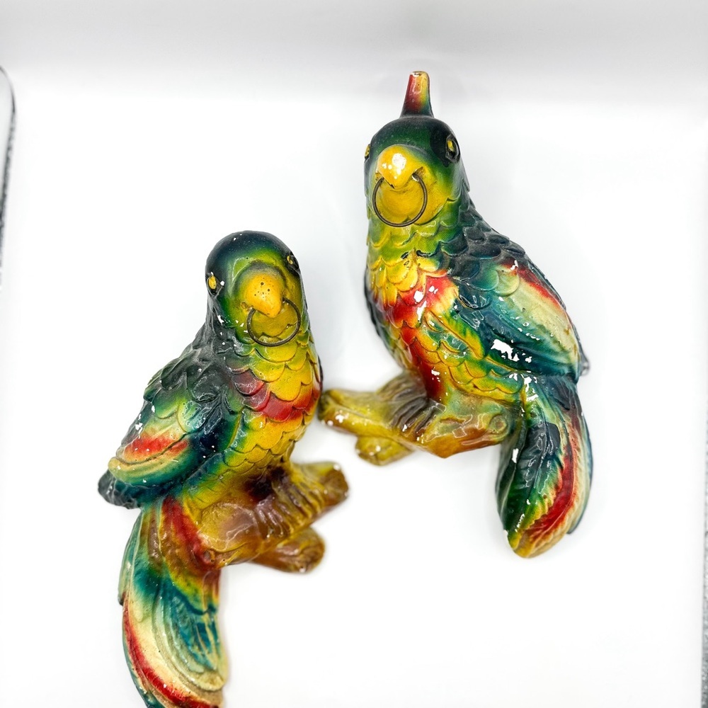 Set of 2 vintage chalk art MCM Parrots
